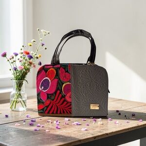 Floral Embroidered Black and Red Handbag